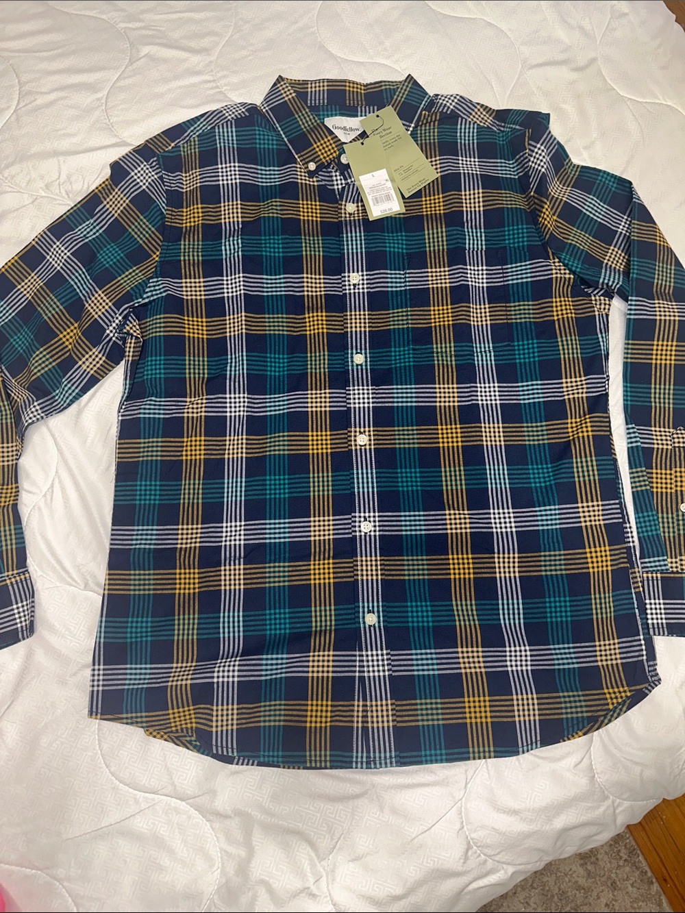 Goodfellow & Co Men's Navy, Green & Yellow Plaid Button-Down Shirt